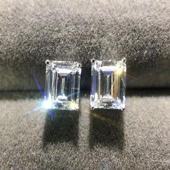 3.79Ct GUMBO Emerald Cut Square Rectangular Simulated Diamond Earrings STuds - Picture 14 of 16